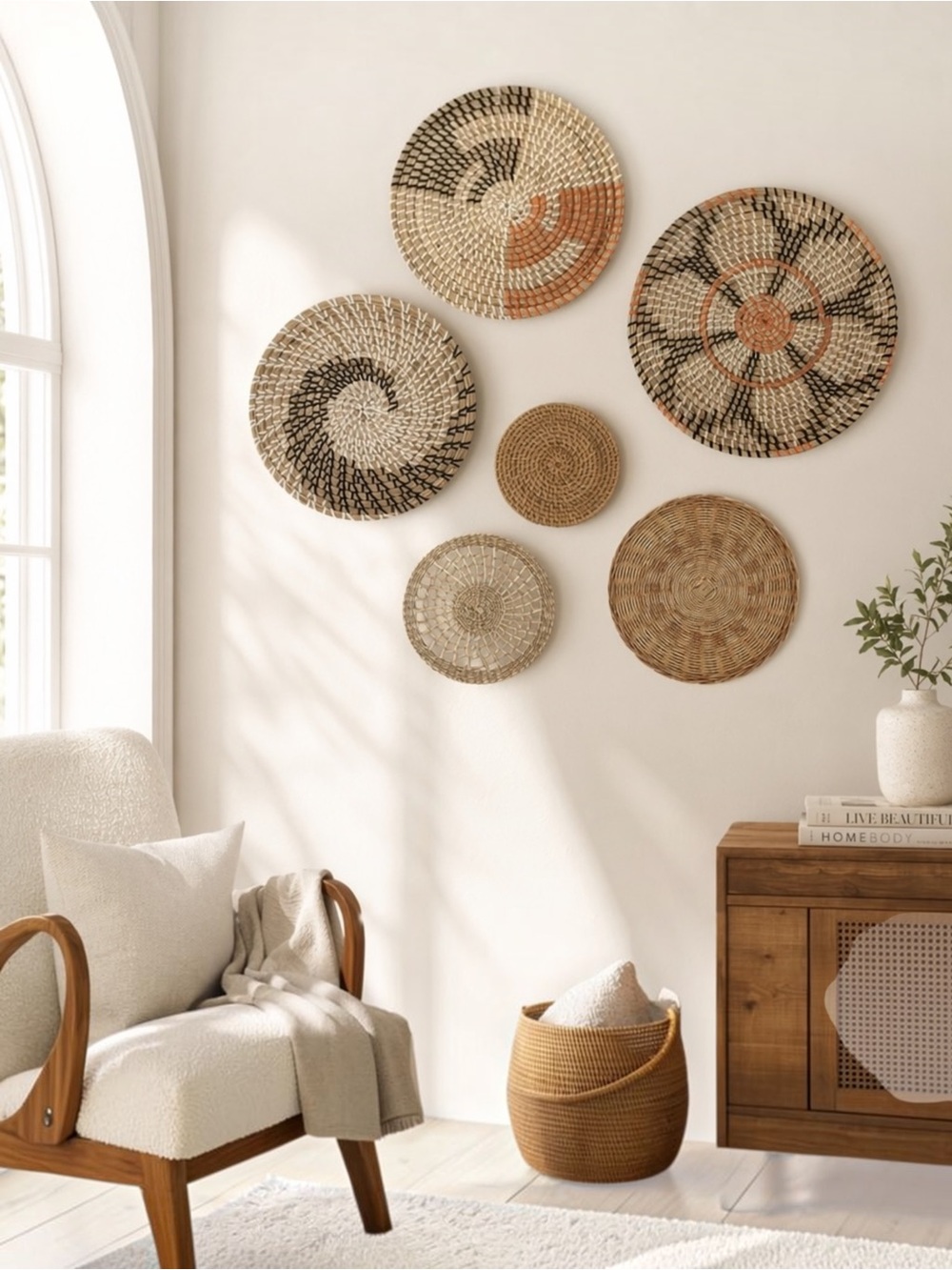 NEW West Elm XL Woven Wicker Rattan Seagrass Boho Wall Hanging Baskets - Set / 6